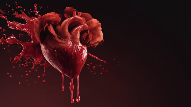A human heart made of roses with blood dripping and splashing on a dark background illustration
