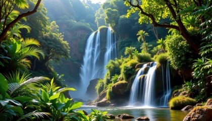 Serene Tropical Waterfall Cascading Through Lush Jungle Paradise