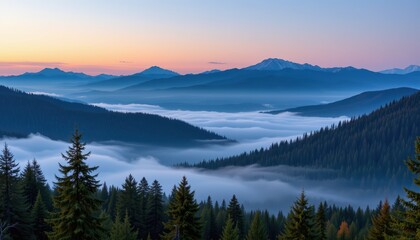 Obraz premium Majestic Sunrise over Misty Mountain Ranges Serene Landscape View with Coniferous Forest