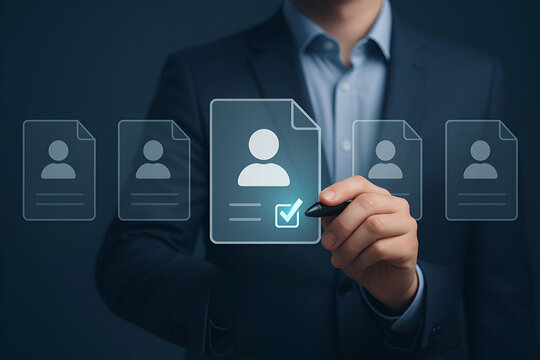 Businessman reviewing and selecting employee profiles