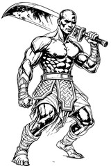 Powerful Barbarian Warrior with Massive Curved Sword – Black and White Fantasy Art