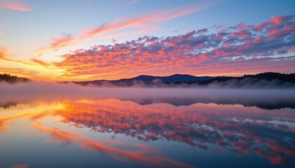 Fototapeta premium Serene Sunrise over Misty Lake Breathtaking Colorful Sky Reflected in Calm Water