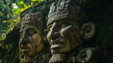 Fototapeta premium Ancient Stone Carvings of Faces in Forest Setting