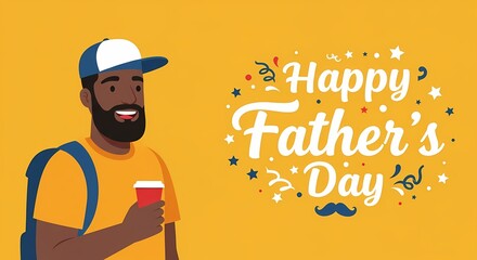 A cartoon man with a backpack holding a coffee cup for happy father's day celebration