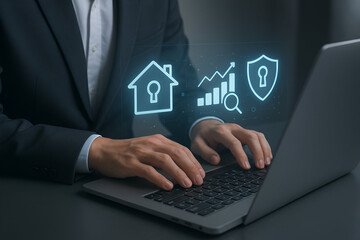 Businessman using laptop with home security and financial growth icons