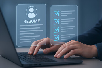 Person reviewing resume and checklist on laptop