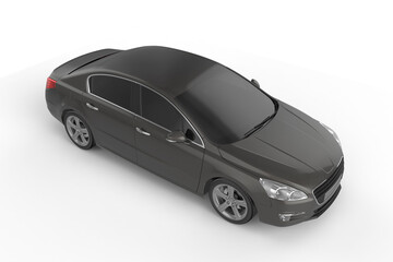 Aerial view of a dark gray sedan car parked on a white surface in a studio environment setting