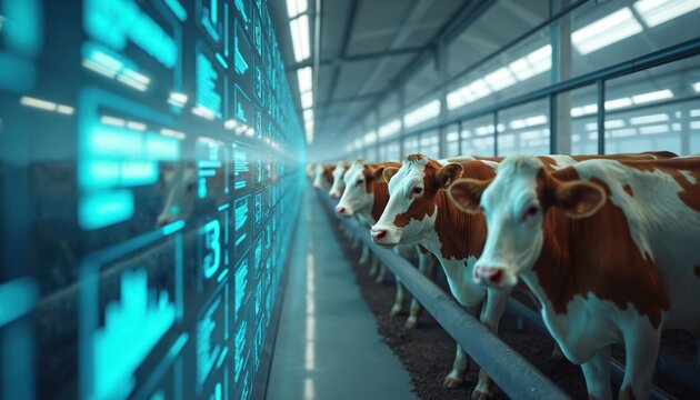 Modern dairy farm with rows of cows. Digital interface overlays data visualization, analytics for smart farming. Innovation tech in milk production, sustainable agriculture.