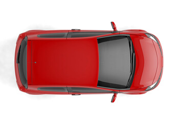 Aerial view of a compact red car with a dark gray roof on a plain white background in studio shot