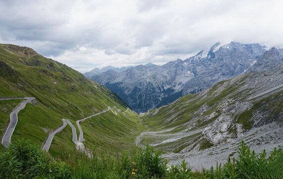 Breathtaking view of Stelvio Pass in the Alps on a cloudy day