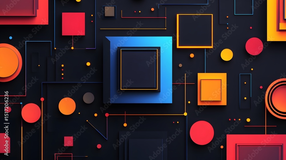 Poster colorful geometric shapes arranged in a complex pattern.