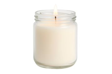 Burning candle in glass jar on black background