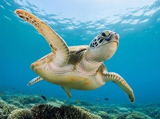 Obraz premium Majestic sea turtle gracefully swimming through clear blue ocean waters, symbolizing marine life protection and celebration of World Oceans Day.