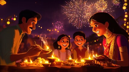 Family Celebrates Diwali with Fireworks, Candles, and Traditional Food at Night