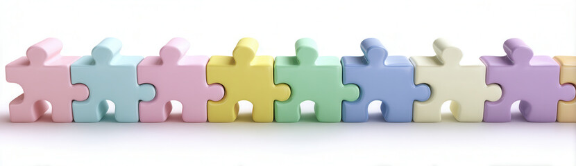 Obraz premium Colorful puzzle pieces connected in a row on a clean white background perfect for creative projects and designs