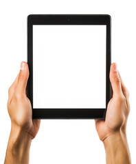 Hands holding digital tablet with blank screen isolated on white background