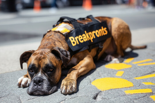 Service dog lying peacefully on the street, surrounded by cheerful yellow sun rays and clouds while watching the world go by