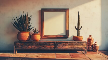 Empty picture frame on a wooden sideboard with potted succulents and a cactus.