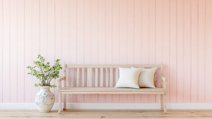 Wooden bench with cream cushions against a pale pink wall.
