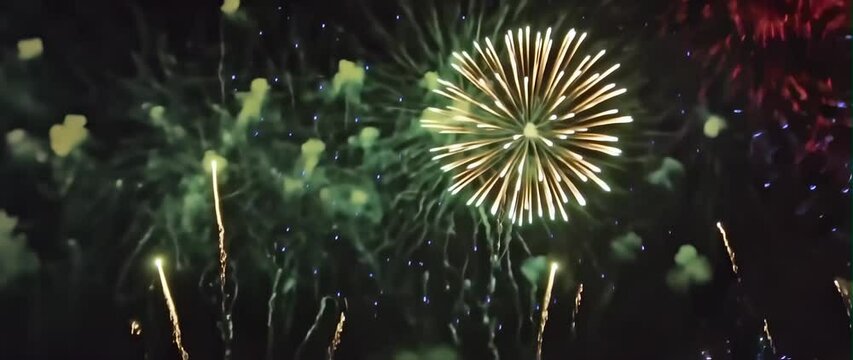 Anamorphic video Fireworks Party, Happy new year greeting with fireworks background