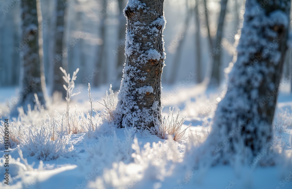 Poster winter scene with frosted trees and grass. frosty, snowy day with a beautiful landscape in a forest 