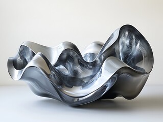 Sculptural metallic vessel with undulating contours against plain backdrop