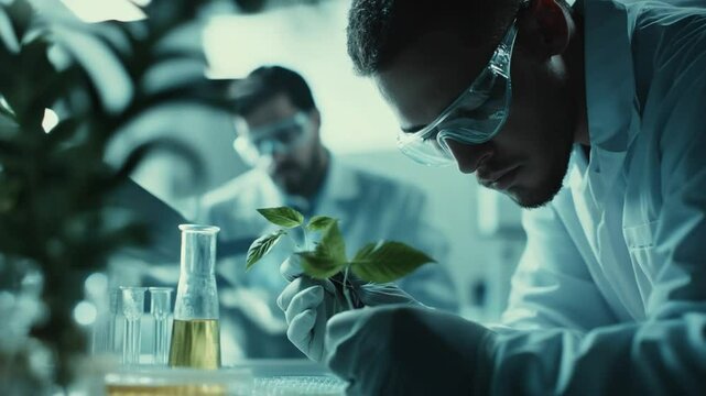 Scientist meticulously examining a plant sample in a laboratory setting for genetic research