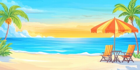 Obraz premium Tropical beach vacation seascape illustration art. Ocean paradise leisure in summer resort. Relaxation and leisure, peaceful nature scenery, colorful graphic, idyllic destination, outdoor travel.