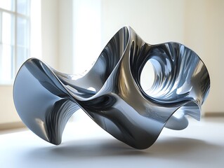 Abstract metallic sculpture featuring smooth curves, a fluid structure, and a central void