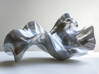 Abstract metallic sculpture with fluid form and reflective surface details