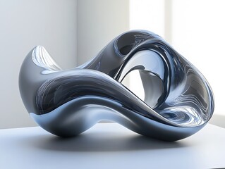Modern Metallic Sculpture with Fluidity and Reflection in an Abstract Form