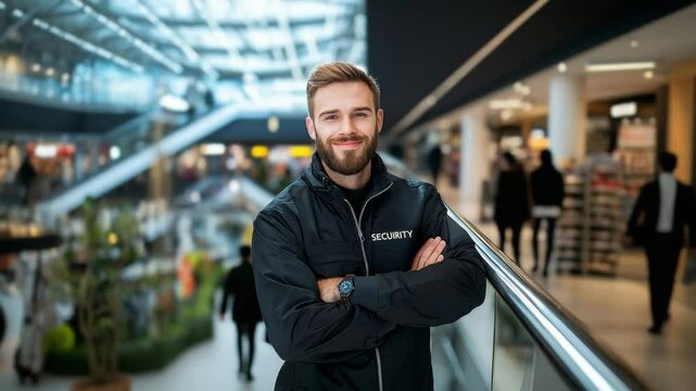 Confident Male Security Guard in Black Jacket at Modern Shopping Mall with Bright Interior