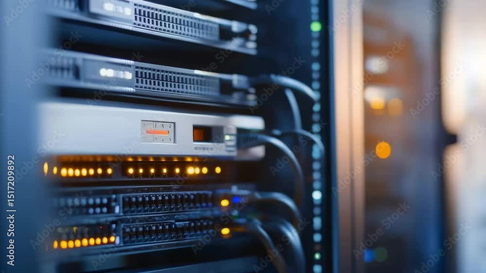 Aufkleber a close-up view of modern data center server rack with illuminated network equipment and cables
