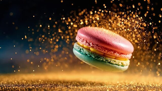 The colorful macaron explodes golden glitter in the air. Slow motion. Macro shot. 4K.
