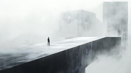 Solitary Figure in a Surreal, Fog-Shrouded Architectural Landscape, Immersed in Thought