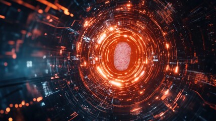 Obraz premium Fingerprint scan within a glowing, digital tunnel