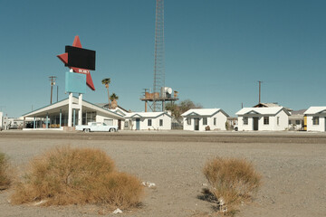 vintage motel and road sign on old route 66