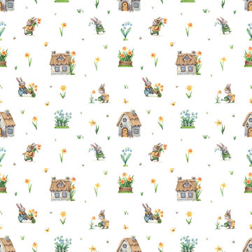 Fototapeta Rabbits in the village of daffodils, cartoon seamless background