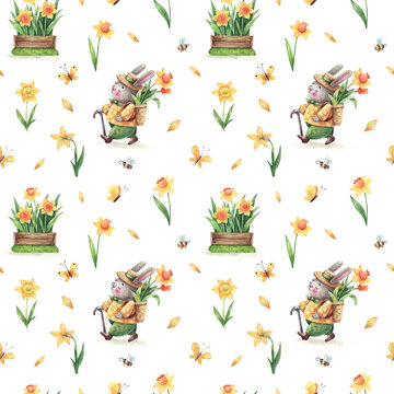 Rabbit farmer and daffodils, cartoon seamless background
