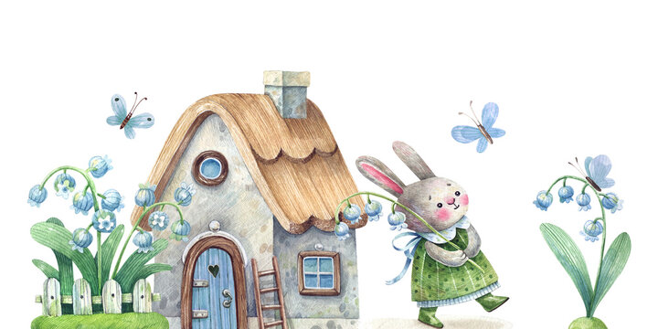 Cute bunny with lilies of the valley rural scene