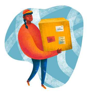 Delivery worker carries a package with a smile in vibrant colors