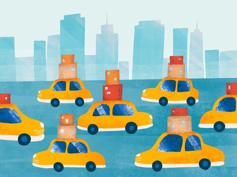 Busy urban landscape with yellow taxis transporting cargo