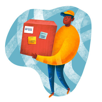 Delivery person carrying a large parcel in a vibrant setting