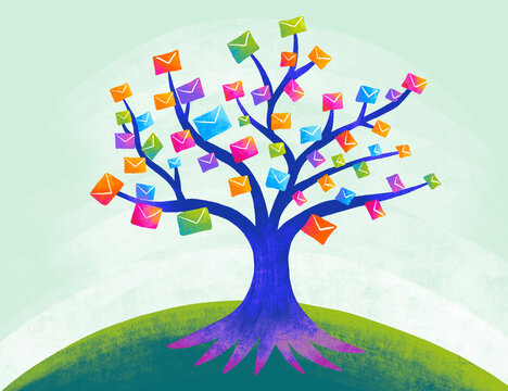 Colorful tree with envelopes growing from branches in springtime