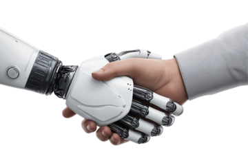 Robot and human shaking hands isolated on white background