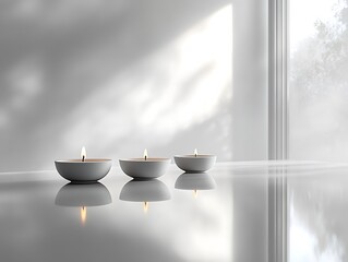 Ambient glow: Serene trio of candles in a minimalist sanctuary illuminated by soft light