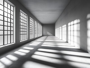 Light-filled hall with shadow play, architectural perspective and serene gray hues