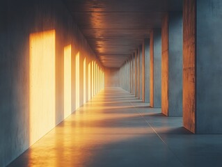 Dramatic perspective of sunlight streaming through concrete corridor columns