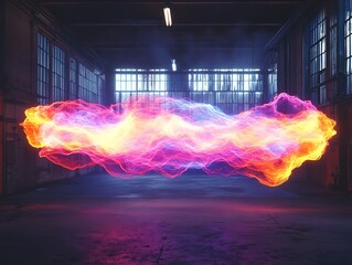 Mystical luminous energy stream flowing through abandoned industrial space