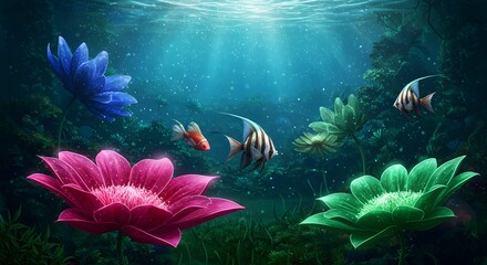 Naklejka premium Enchanted Underwater Realm Vibrant Flowers and Fish in a Dreamlike Digital Painting